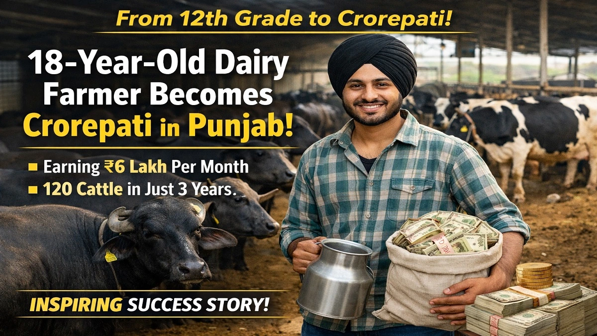 पंजाब के 18 वर्षीय सोहलप्रीत सिंह सिद्धू अपने डेयरी फार्म में भैंसों और गायों के साथ – सफलता की प्रेरक कहानी