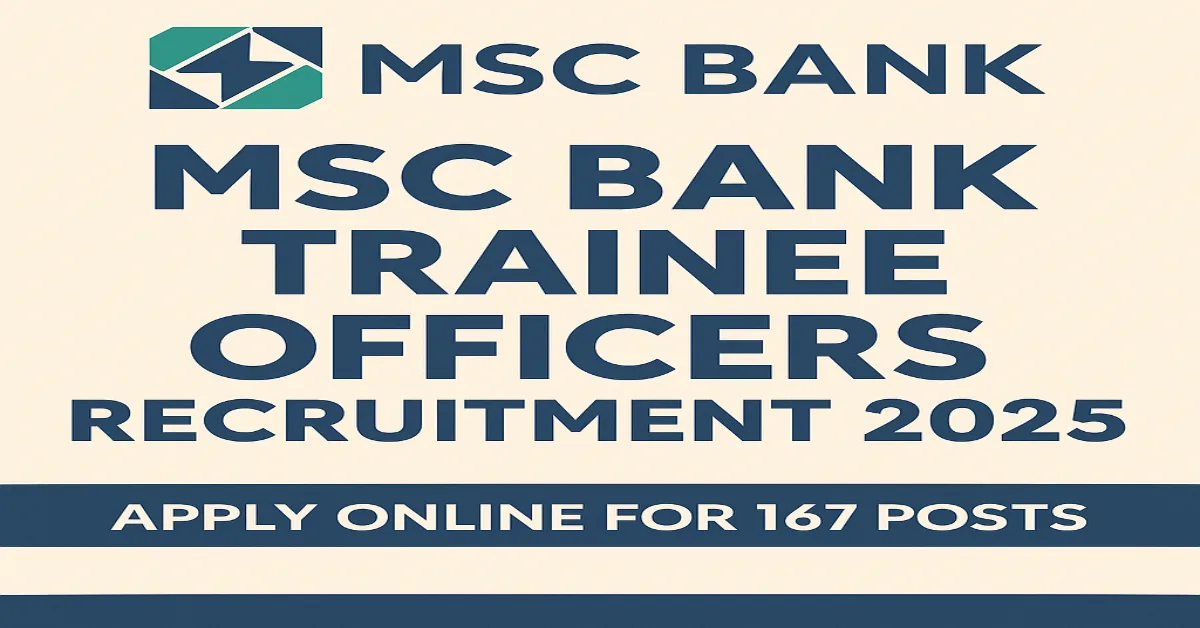 Digital graphic announcing MSC Bank Trainee Officers Recruitment 2025 with official logo, post count, and apply online info