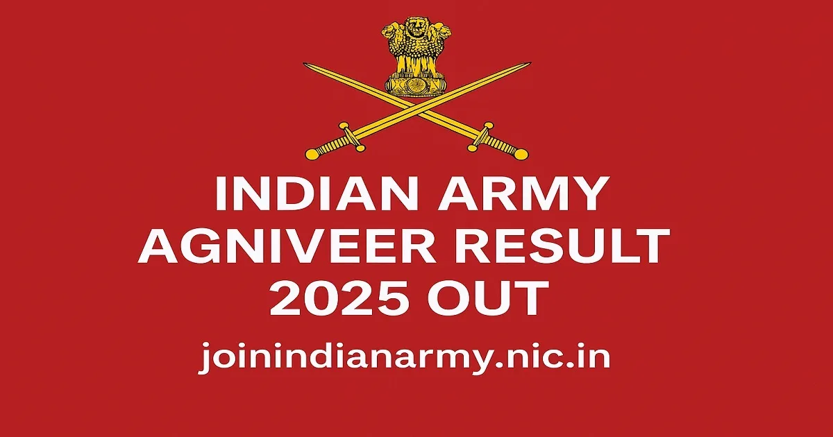 Indian Army Agniveer Result 2025 announcement with official logo and website link.