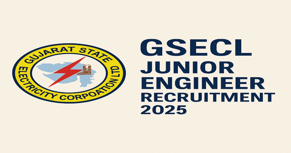 GSECL logo featuring a red lightning bolt over Gujarat state next to the text "Junior Engineer Recruitment 2025" on a beige background|UPPSC Computer Assistant Recruitment 2025 emblem beside the bold text "Computer Assistant Recruitment 2025" on a light b