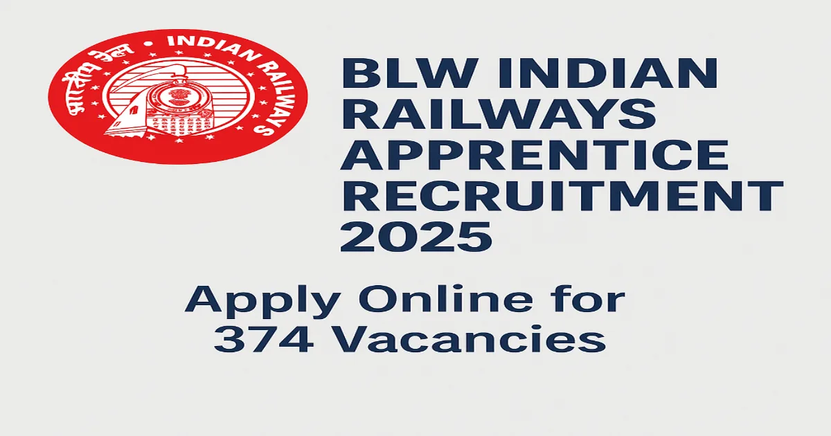 BLW Indian Railways Apprentice Recruitment 2025 banner with Indian Railways logo and text announcing 374 vacancies.