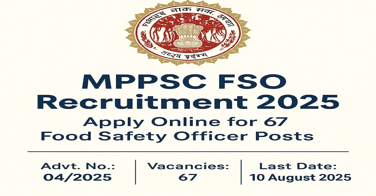 Featured image for MPPSC FSO Recruitment 2025 showing 67 vacancies, Advt. No. 04/2025, and last date 10 August 2025