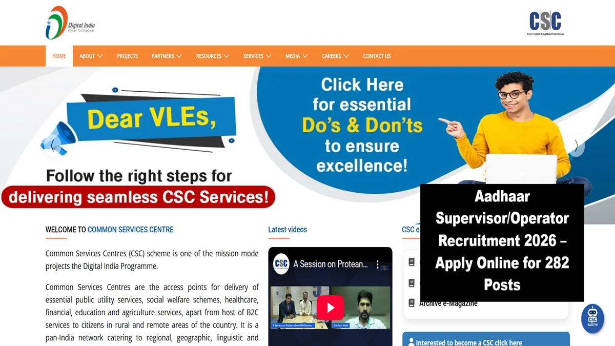 Aadhaar Supervisor Operator Recruitment 2026 notification apply online for 282 posts