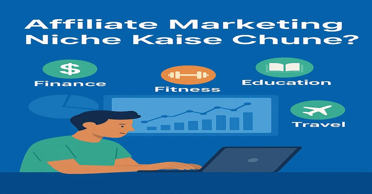 Affiliate Marketing Niche Kaise Chune 2025 – Profitable niche selection guide in Hindi with finance, fitness, education and travel icons