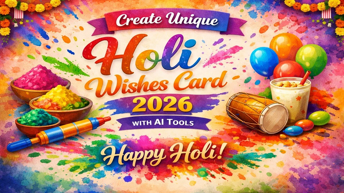 AI टूल्स की मदद से बनाया गया रंगीन और क्रिएटिव होली विशेज कार्ड, जिसमें गुलाल, पिचकारी और “होली की शुभकामनाएं” टेक्स्ट दिखाई दे रहा है