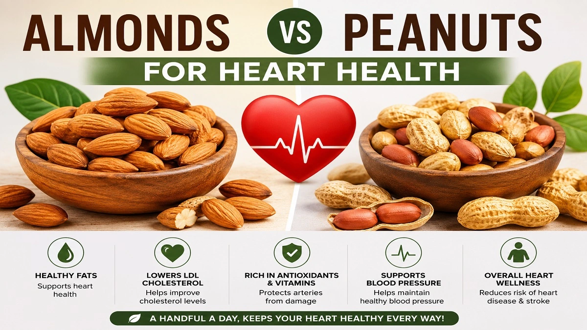 A comparison of almonds and peanuts showing their heart health benefits, cholesterol control properties, healthy fats, vitamins, and nutrients for cardiovascular wellness.