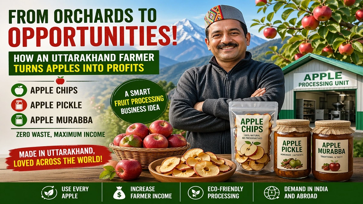 उत्तराखंड के किसान द्वारा बनाए गए एप्पल चिप्स, मुरब्बा और अचार के साथ फल प्रोसेसिंग बिजनेस का दृश्य