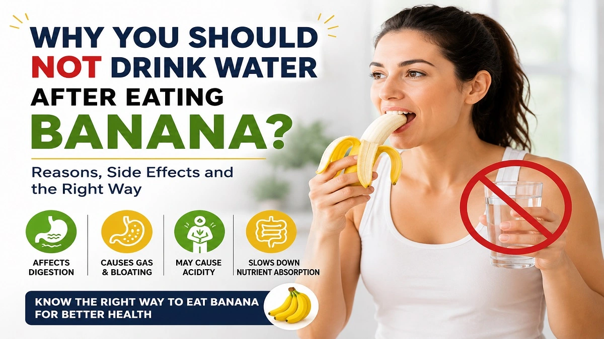 Person eating banana and avoiding drinking water immediately after it for better digestion