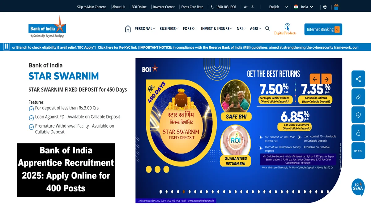 Bank of India Apprentice Recruitment 2025 Apply Online for 400 Vacancies