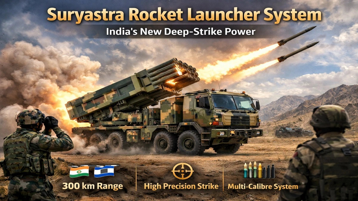 भारतीय सेना का सूर्यास्त्र मल्टी-कैलिबर रॉकेट लॉन्चर सिस्टम, 300 किलोमीटर रेंज और उच्च सटीकता के साथ मेक इन इंडिया रक्षा शक्ति का प्रतीक