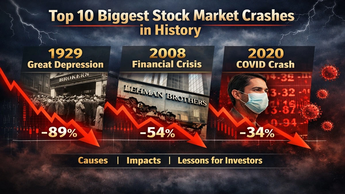 biggest stock market crashes in history chart showing 1929 great depression 2008 financial crisis and 2020 covid crash