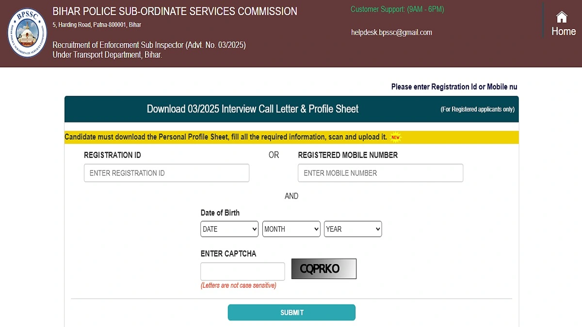 BPSSC Enforcement SI Interview Call Letter 2026 download at bpssc.bihar.gov.in