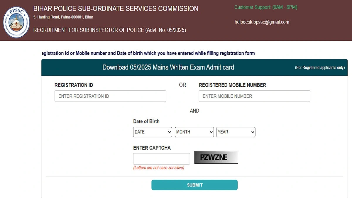 Bihar Police SI Mains Admit Card 2026 Download Link