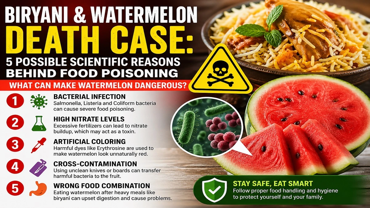 बिरयानी और तरबूज से फूड पॉइजनिंग के कारण दिखाता हेल्थ अवेयरनेस इमेज