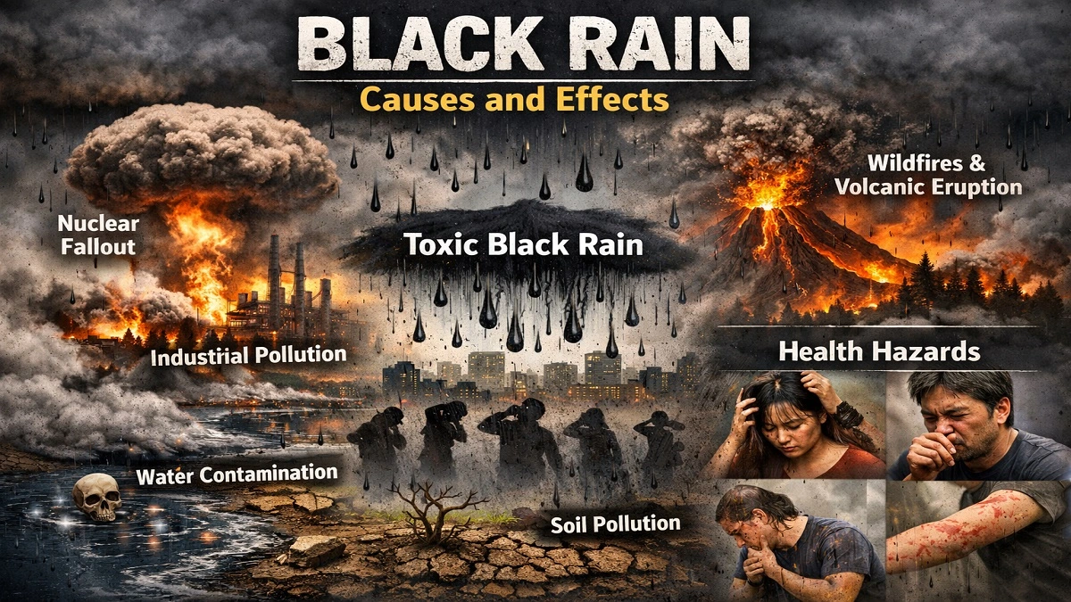 Black Rain phenomenon dark toxic rainfall after nuclear fallout wildfire pollution explanation