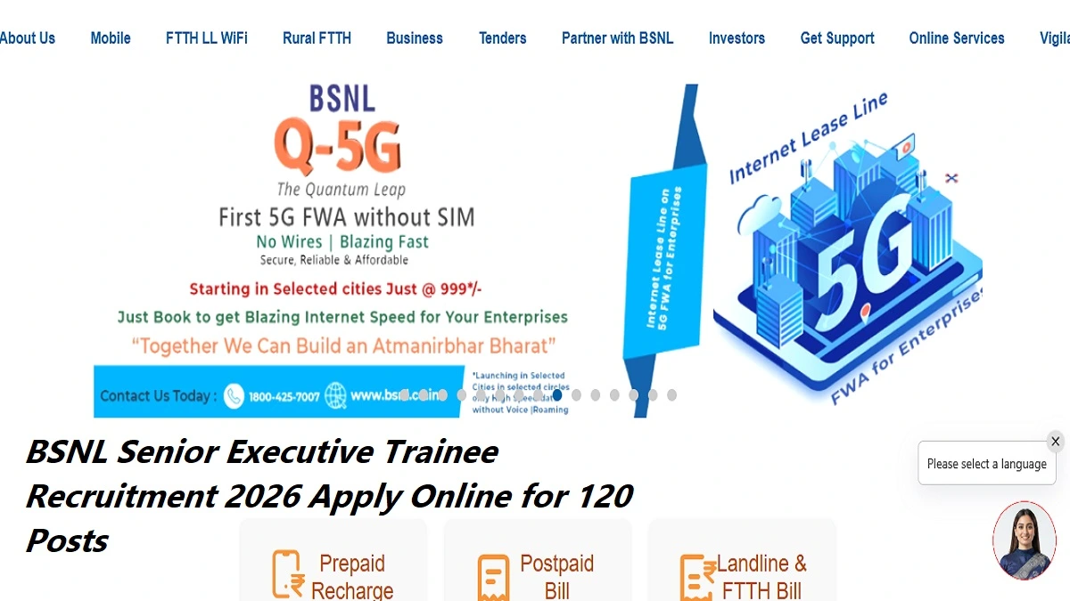 BSNL Senior Executive Trainee Recruitment 2026 Apply Online for 120 Vacancies