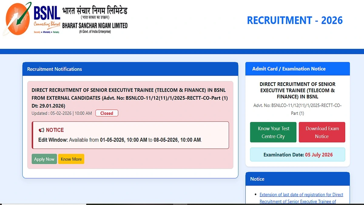 BSNL Senior Executive Trainee SET Exam City Admit Card 2026 Download