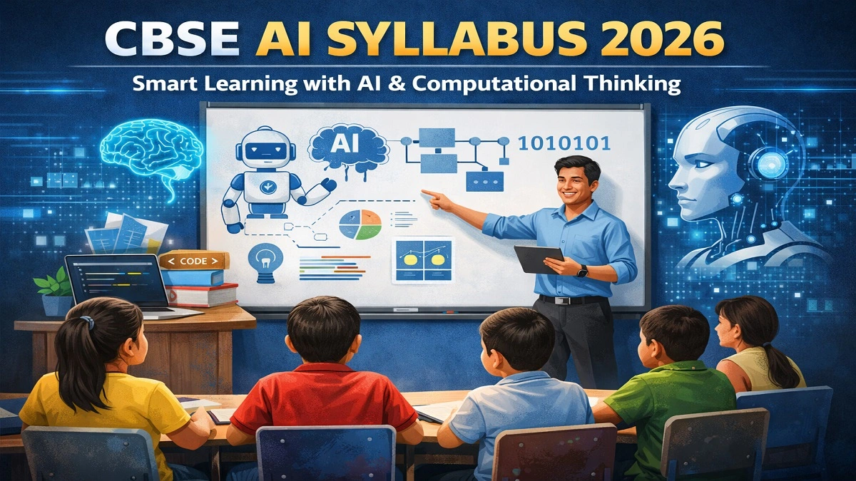 Students learning Artificial Intelligence in smart classroom with whiteboard under CBSE AI syllabus 2026