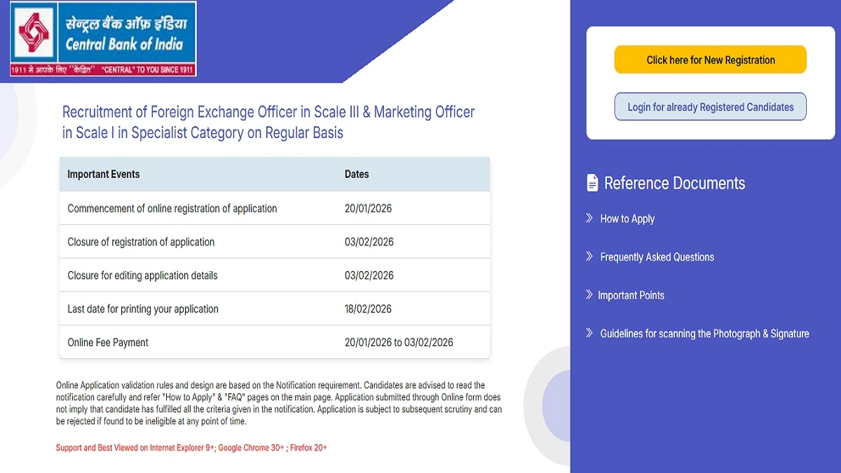 Central Bank of India SO Recruitment 2026 notification for 350 Specialist Officer vacancies