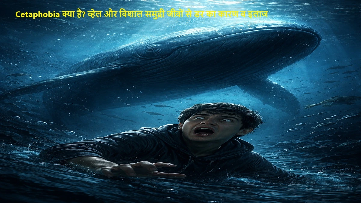 Cetaphobia से ग्रस्त व्यक्ति समुद्र की गहराई में विशाल व्हेल को देखकर भय और घबराहट महसूस करता हुआ