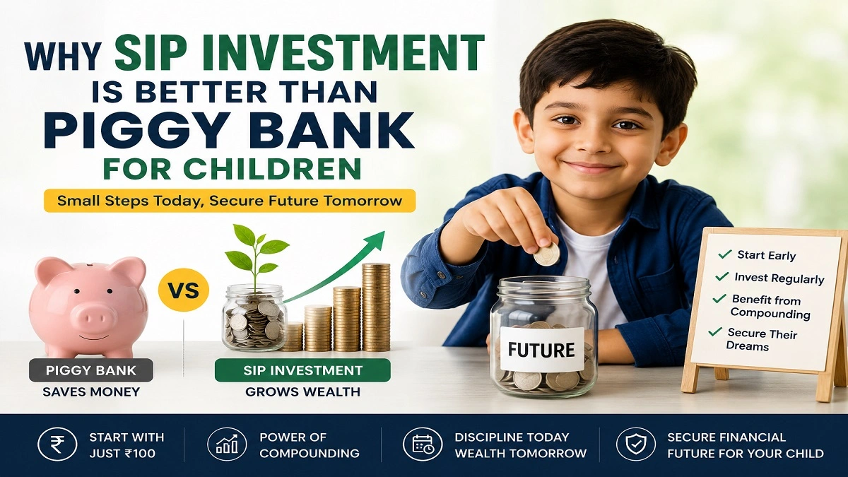 बच्चों के लिए SIP और म्यूचुअल फंड निवेश की जानकारी दिखाती हुई फाइनेंस थीम इमेज
