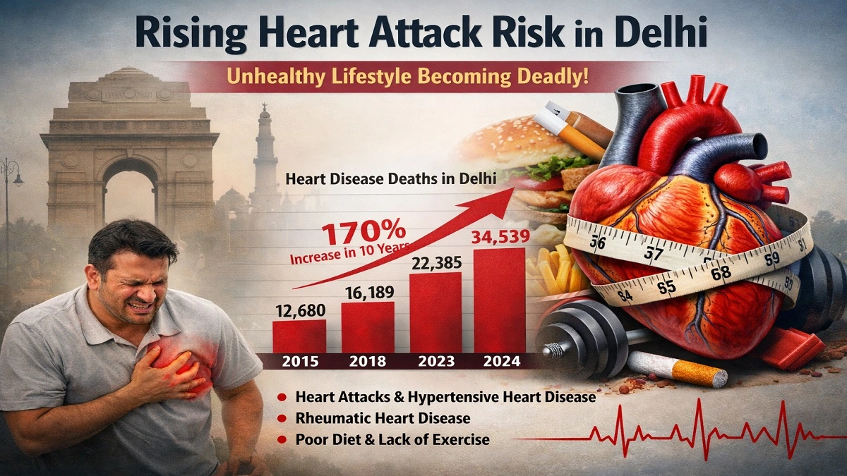दिल्ली हार्ट हेल्थ रिपोर्ट 2024 – हार्ट अटैक और दिल की बीमारियों से बढ़ती मौतों को दर्शाता ग्राफ और मानव हृदय की तस्वीर