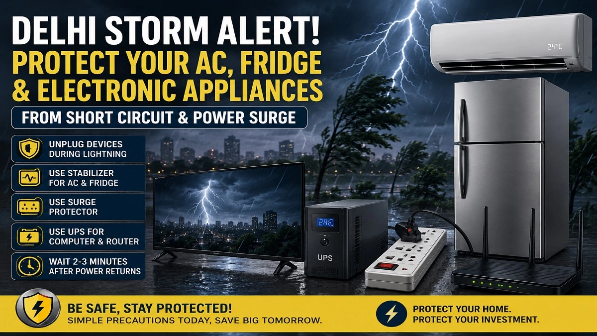 AC, fridge, TV and electronic appliances protected from power surge and short circuit during Delhi storm and lightning