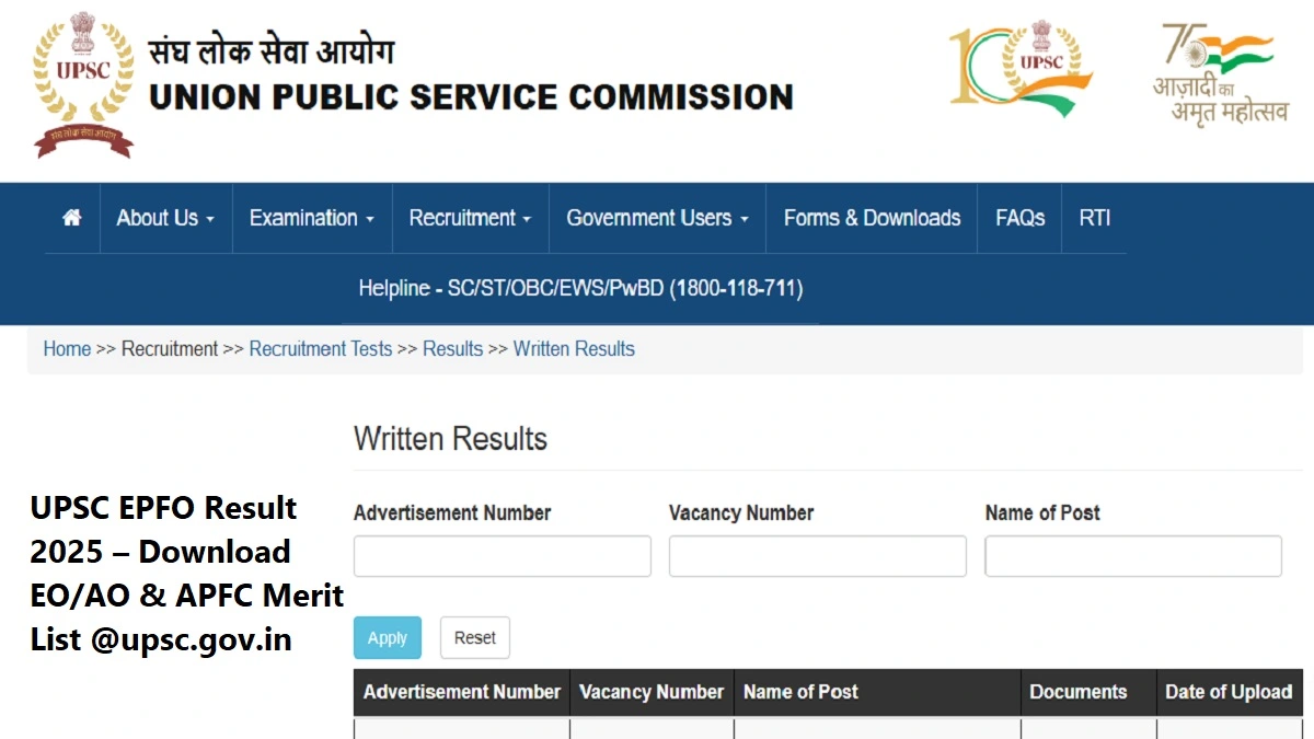 UPSC EPFO Result 2025 - EO/AO & APFC Merit List Download