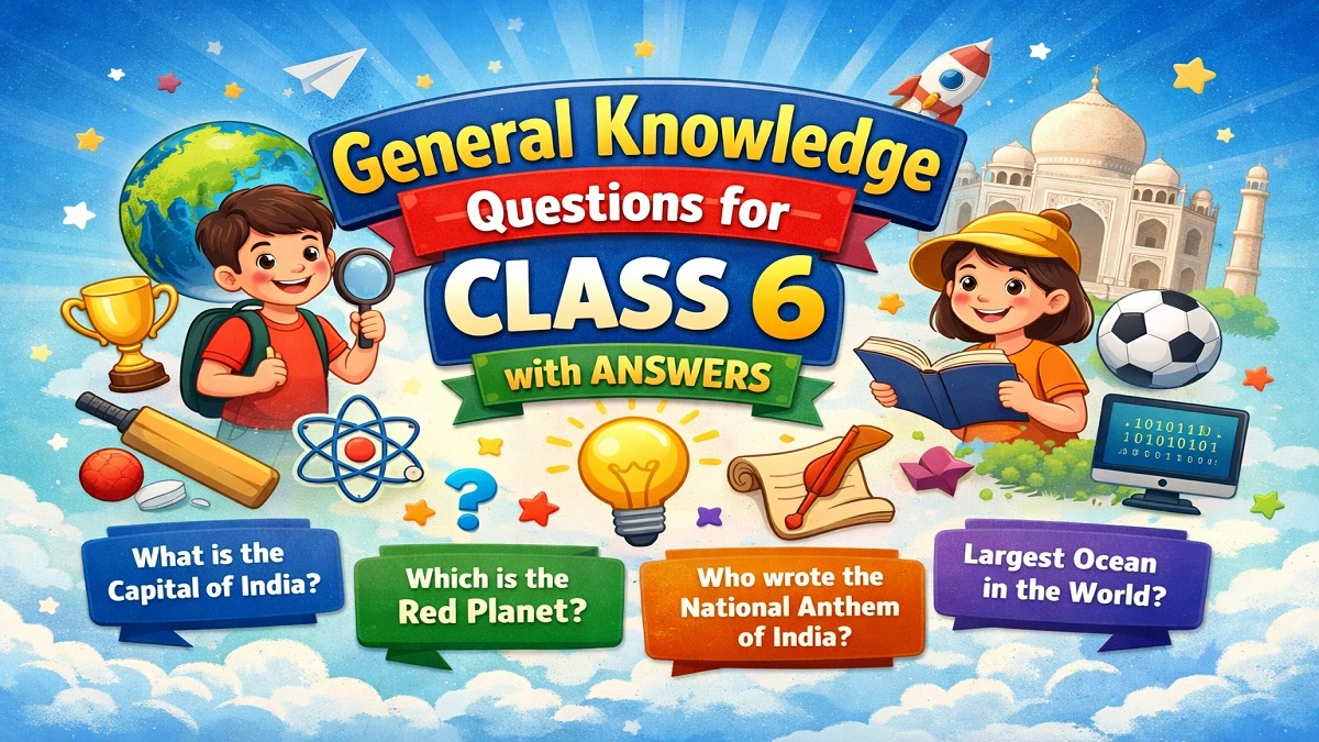 25 general knowledge questions with answers for Class 6 students covering India, science, sports, and current affairs