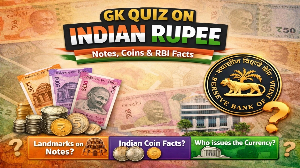 GK quiz on Indian Rupee with multiple choice questions on Indian currency notes, coins, RBI, symbols and history
