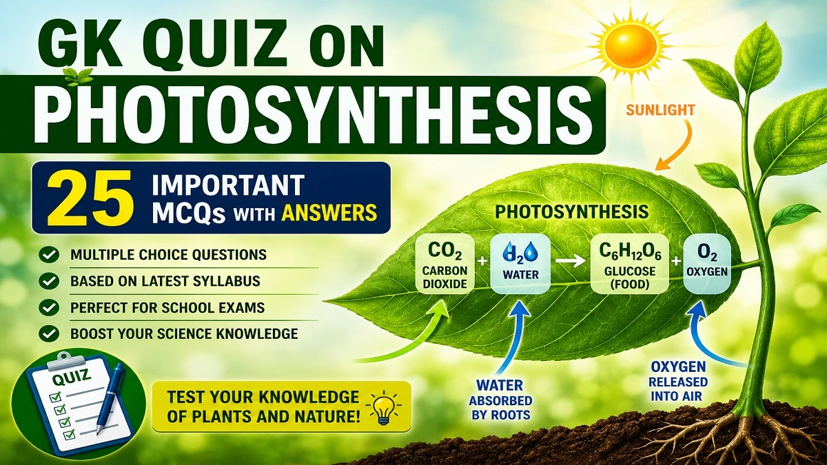 Students practicing GK Quiz on Photosynthesis with 25 multiple choice questions and answers about plants, chlorophyll, sunlight, and oxygen production.