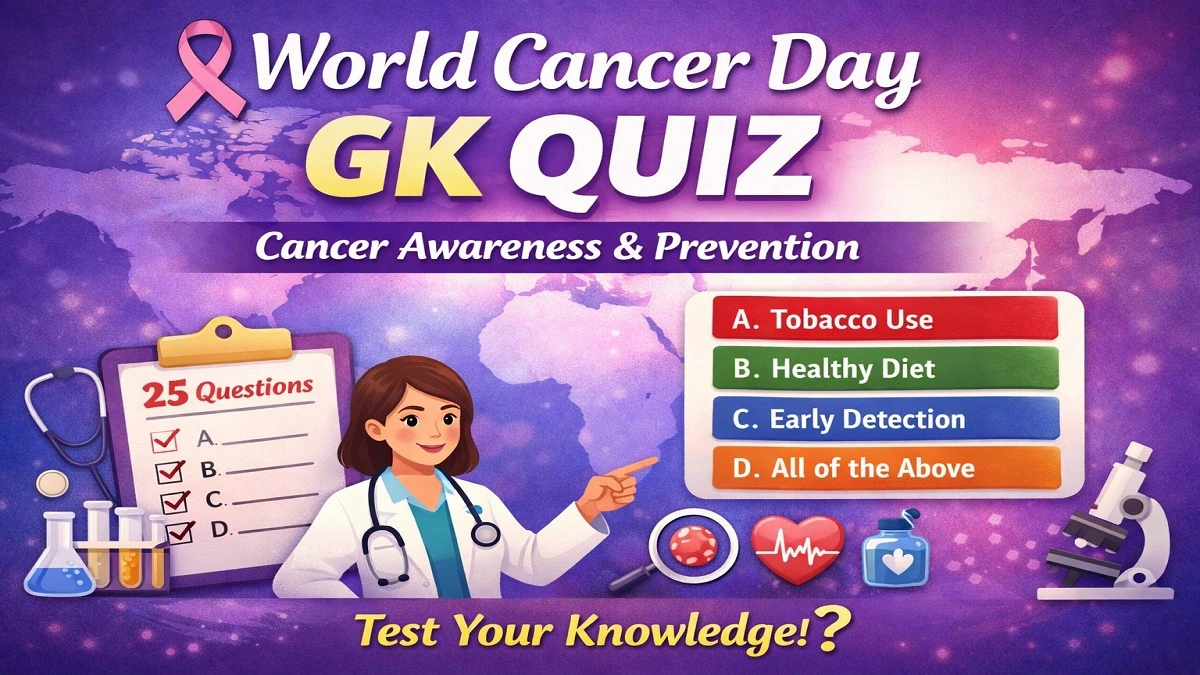GK quiz on World Cancer Day with multiple choice questions on cancer awareness, prevention, and early detection
