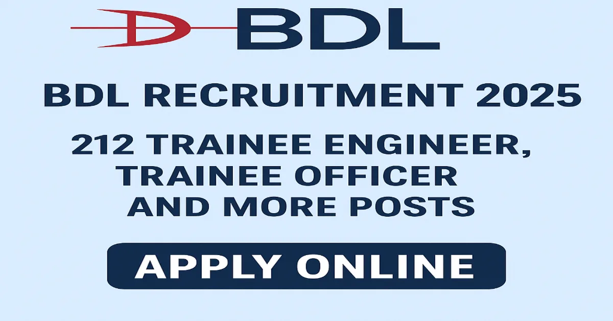 BDL Recruitment 2025 banner with official BDL logo and Apply Online for 212 Trainee Engineer, Officer and More Posts on a light blue background