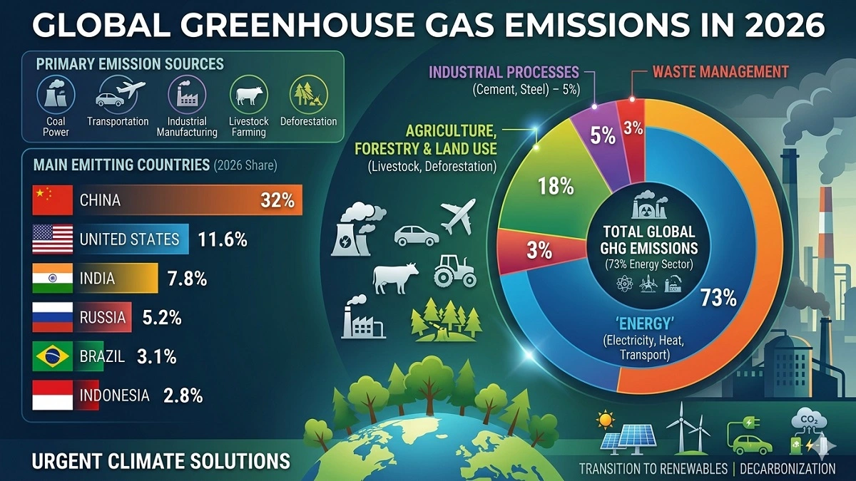 Global Greenhouse Gas Emissions Sources 2026 chart showing energy sector, agriculture, transport and top emitting countries like China, USA and India