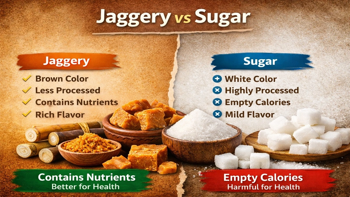 गुड़ और चीनी की तुलना दिखाती हुई तस्वीर – Jaggery vs Sugar health benefits in Hindi