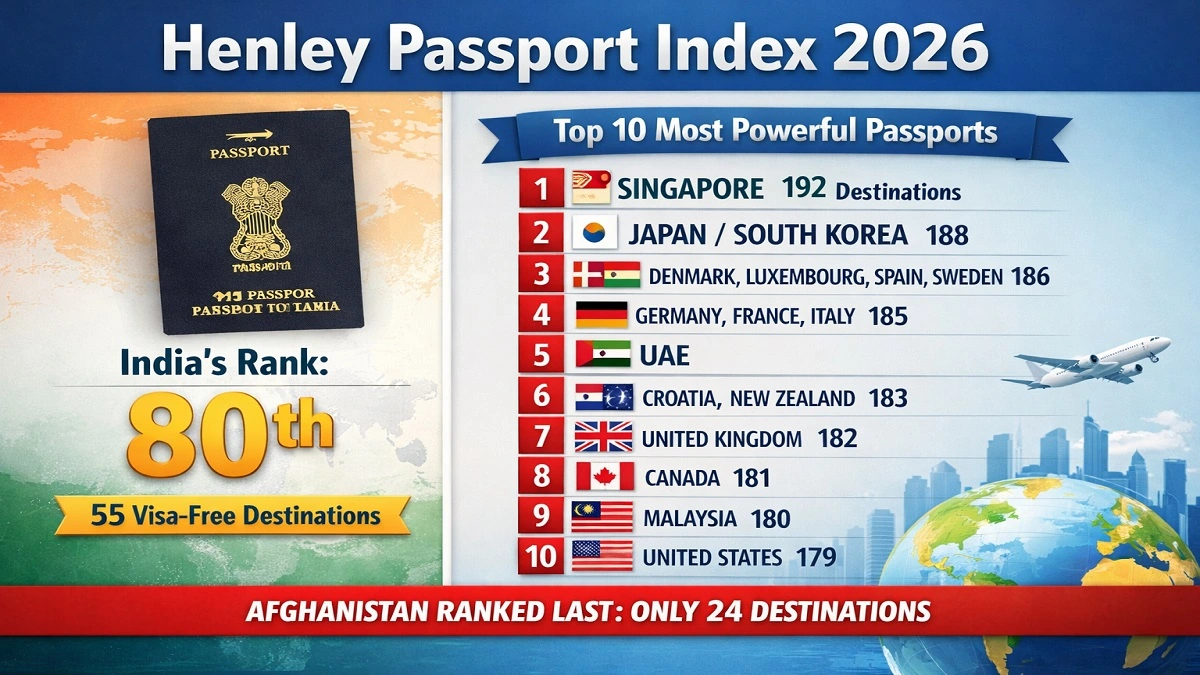 Henley Passport Index 2026 में भारत की रैंक 80वीं, सिंगापुर दुनिया का सबसे शक्तिशाली पासपोर्ट