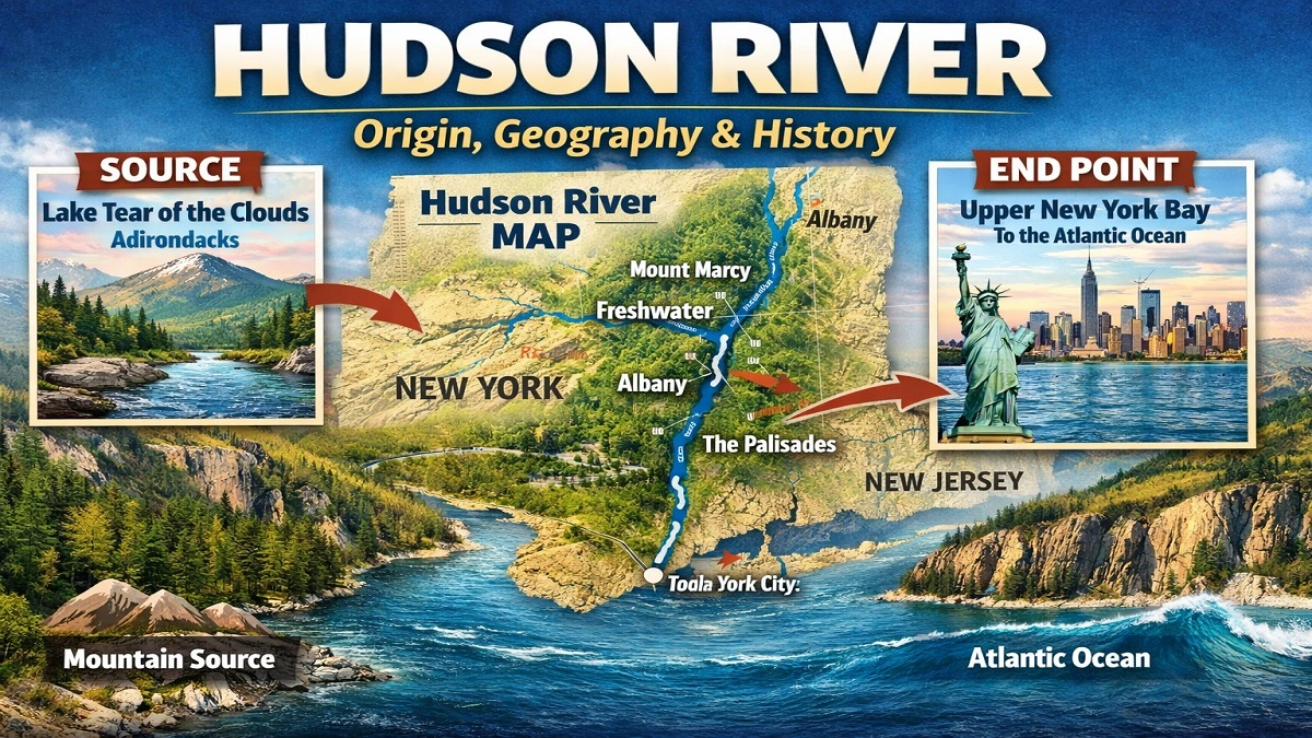 Hudson River map showing origin at Lake Tear of the Clouds and ending at Upper New York Bay