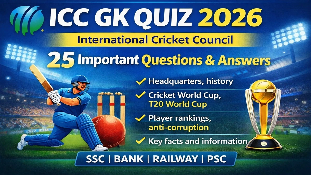 ICC GK Quiz in Hindi जिसमें अंतरराष्ट्रीय क्रिकेट परिषद से जुड़े 25 महत्वपूर्ण सामान्य ज्ञान प्रश्न और उत्तर दिए गए हैं