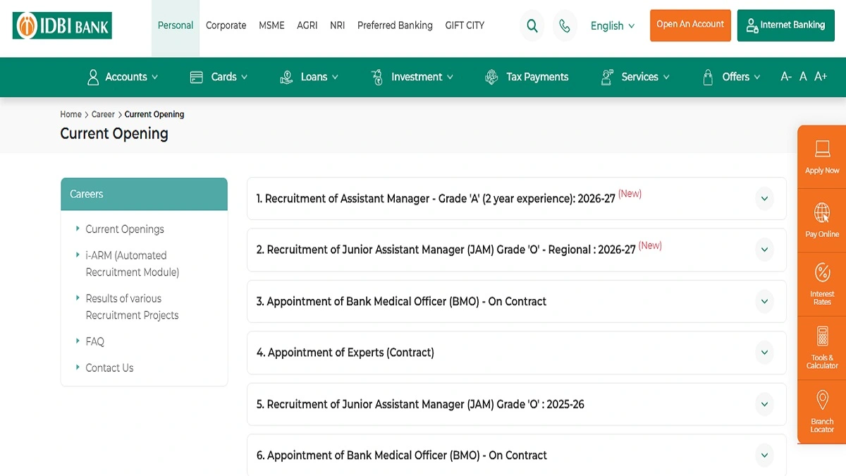 IDBI Bank Junior Assistant Manager JAM Grade O Assistant Manager Recruitment 2026 Apply Online