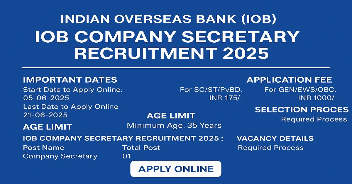 IOB Company Secretary Recruitment 2025 notification banner with key dates, eligibility, and application details on a blue background