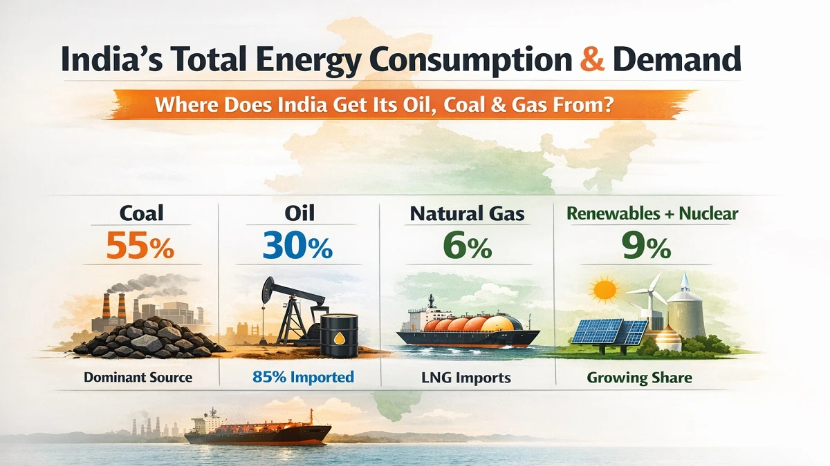 India energy consumption chart showing coal oil gas demand and import sources with renewable energy transition