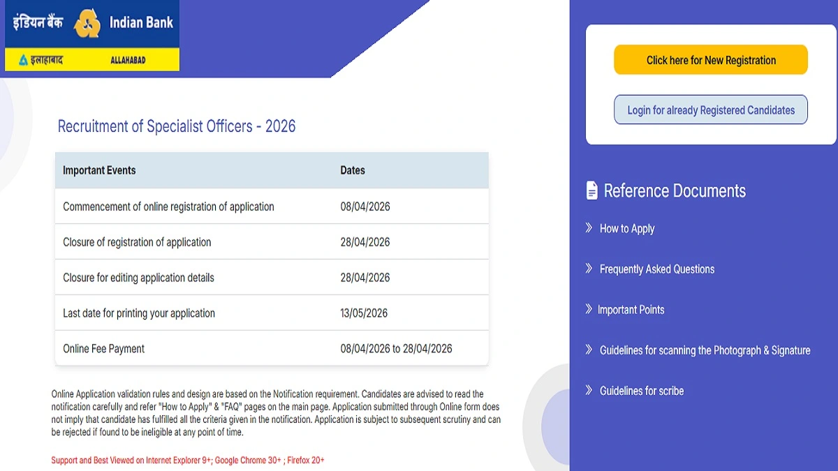 Indian Bank SO Recruitment 2026 Apply Online for 350 Specialist Officer Posts