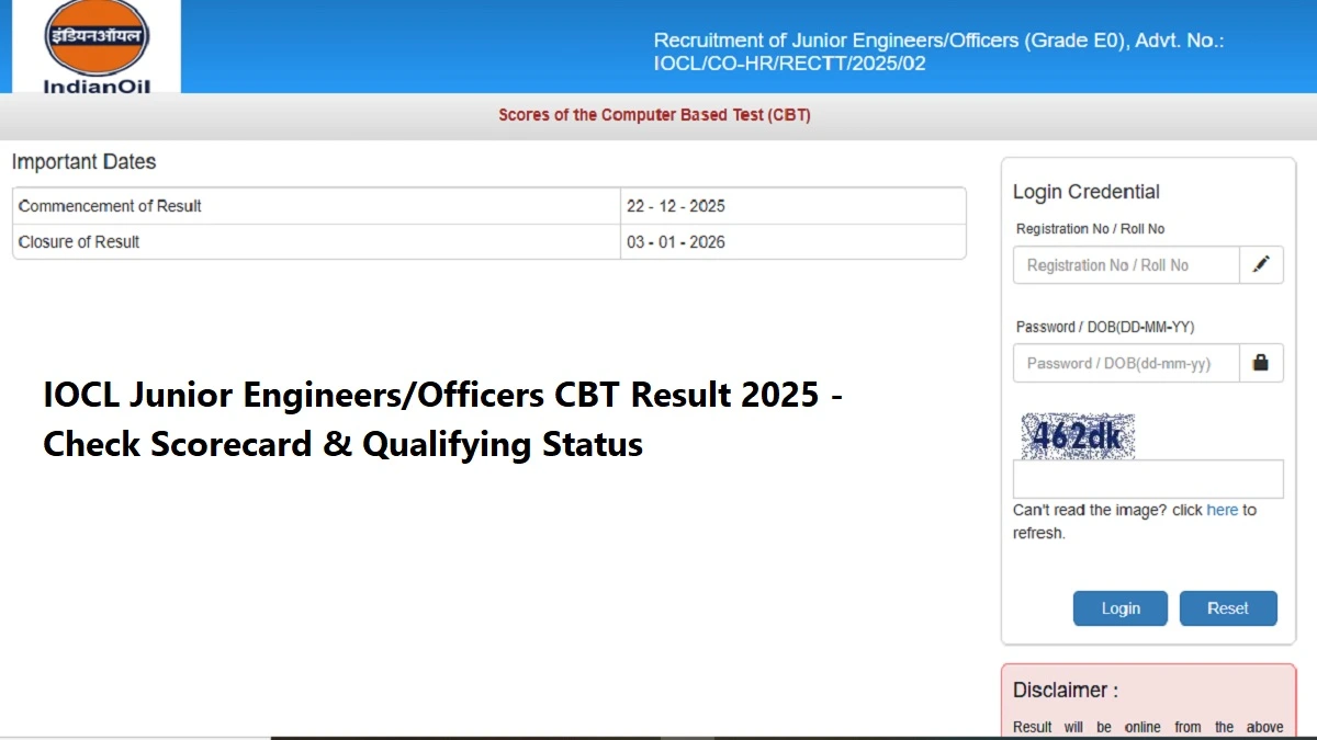 IOCL Junior Engineers/Officers CBT Result 2025 - Scorecard & Result Announcement