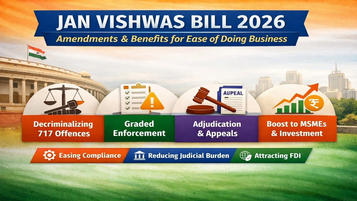 Jan Vishwas Bill 2026 infographic showing amendments, decriminalization of 717 offences, graded enforcement, MSME benefits, and ease of doing business in India