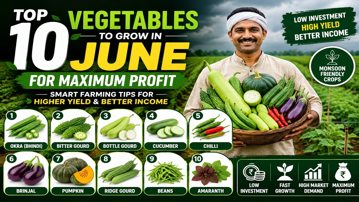 Farmer harvesting profitable vegetables in June including okra, bitter gourd, bottle gourd and cucumber in a green farm field