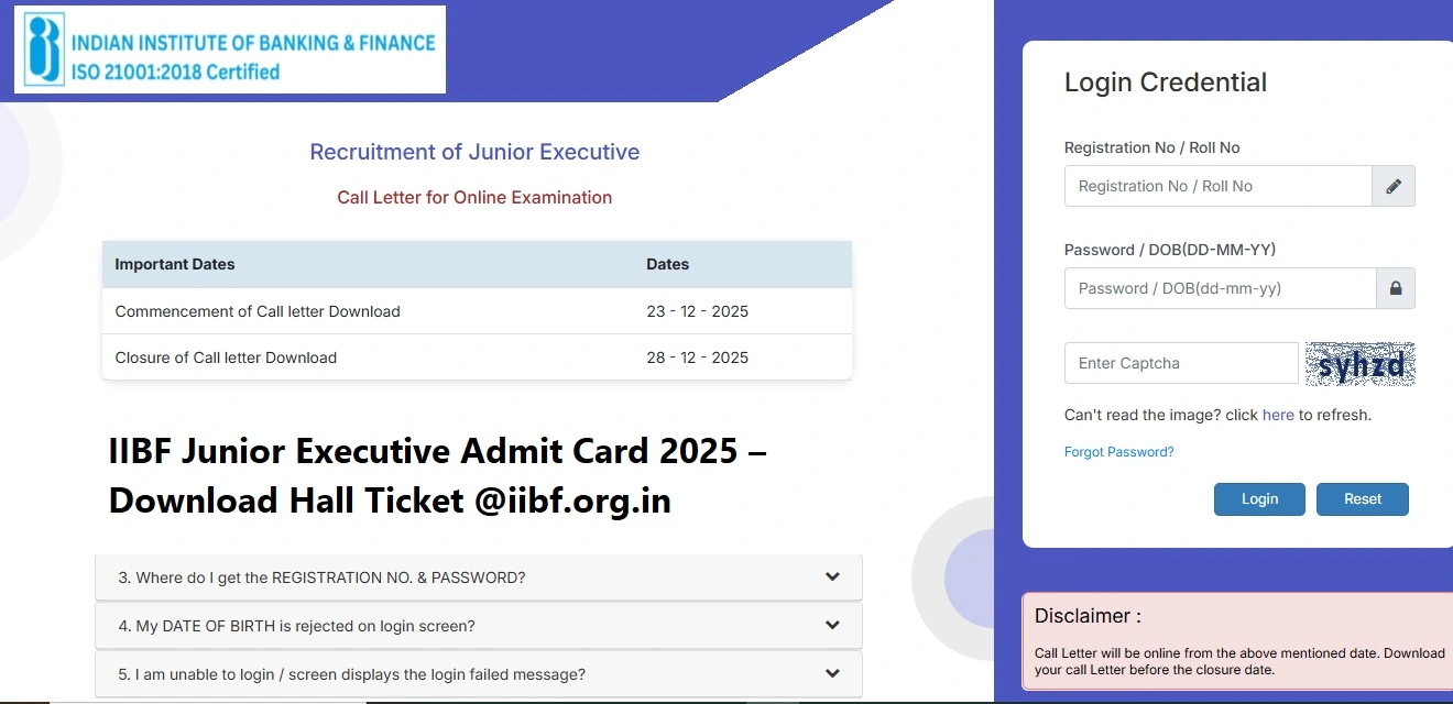 IIBF Junior Executive Admit Card 2025 Download – Official Hall Ticket at iibf.org.in