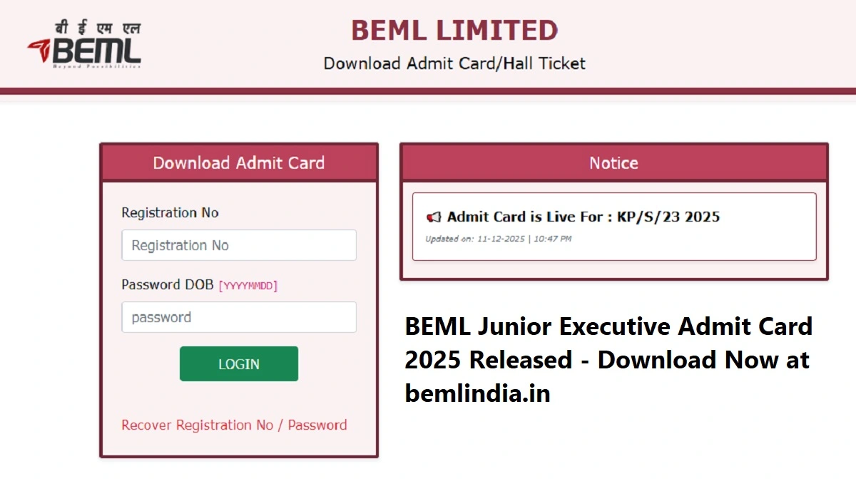 BEML Junior Executive Admit Card 2025 available for download at bemlindia.in for the exam on December 22, 2025.