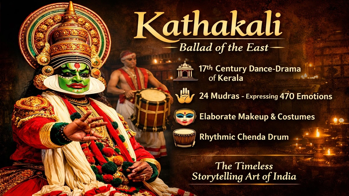 Traditional Kathakali dancer in green face makeup and elaborate costume performing classical dance drama from Kerala India