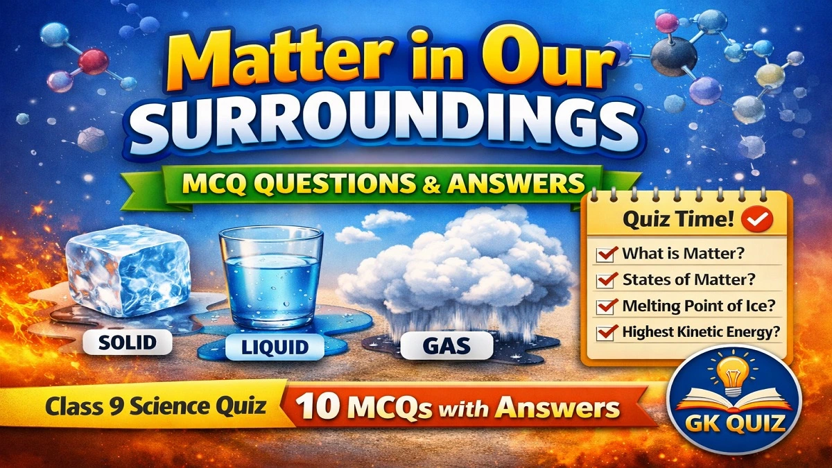 Solve Matter in Our Surroundings MCQs with 4 options and answers. Class 9 NCERT Science quiz for school exams, competitive exams, and GK practice.