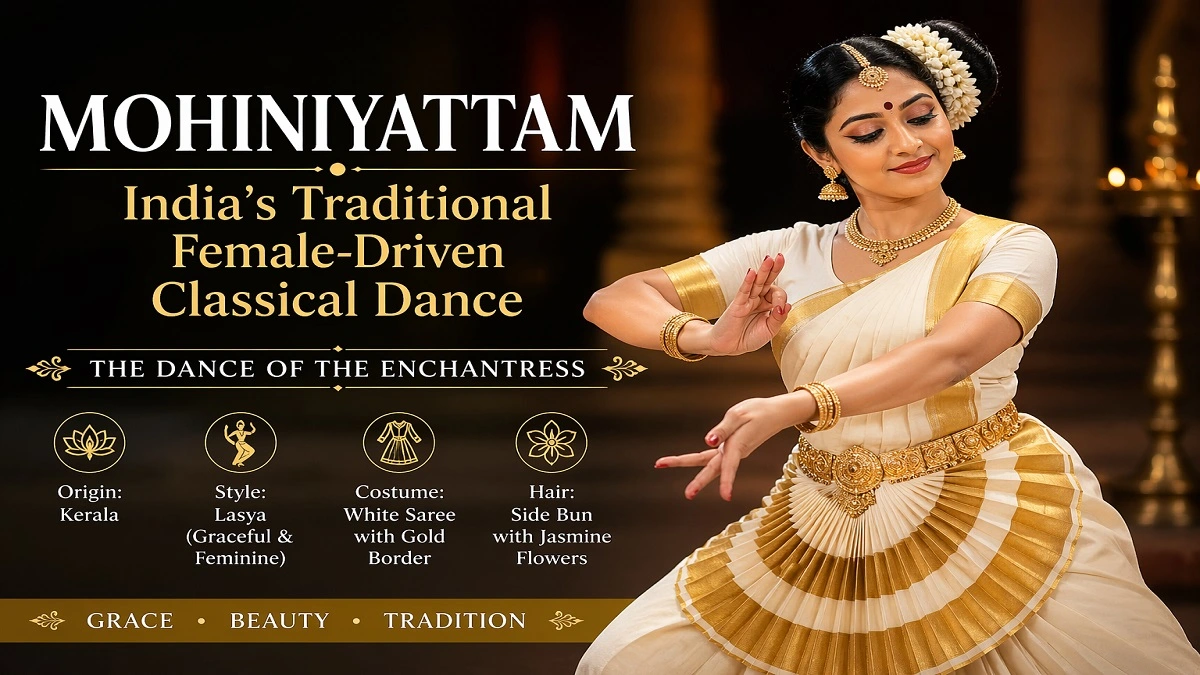 मोहिनीयट्टम नृत्य करती हुई केरल की पारंपरिक वेशभूषा में महिला कलाकार